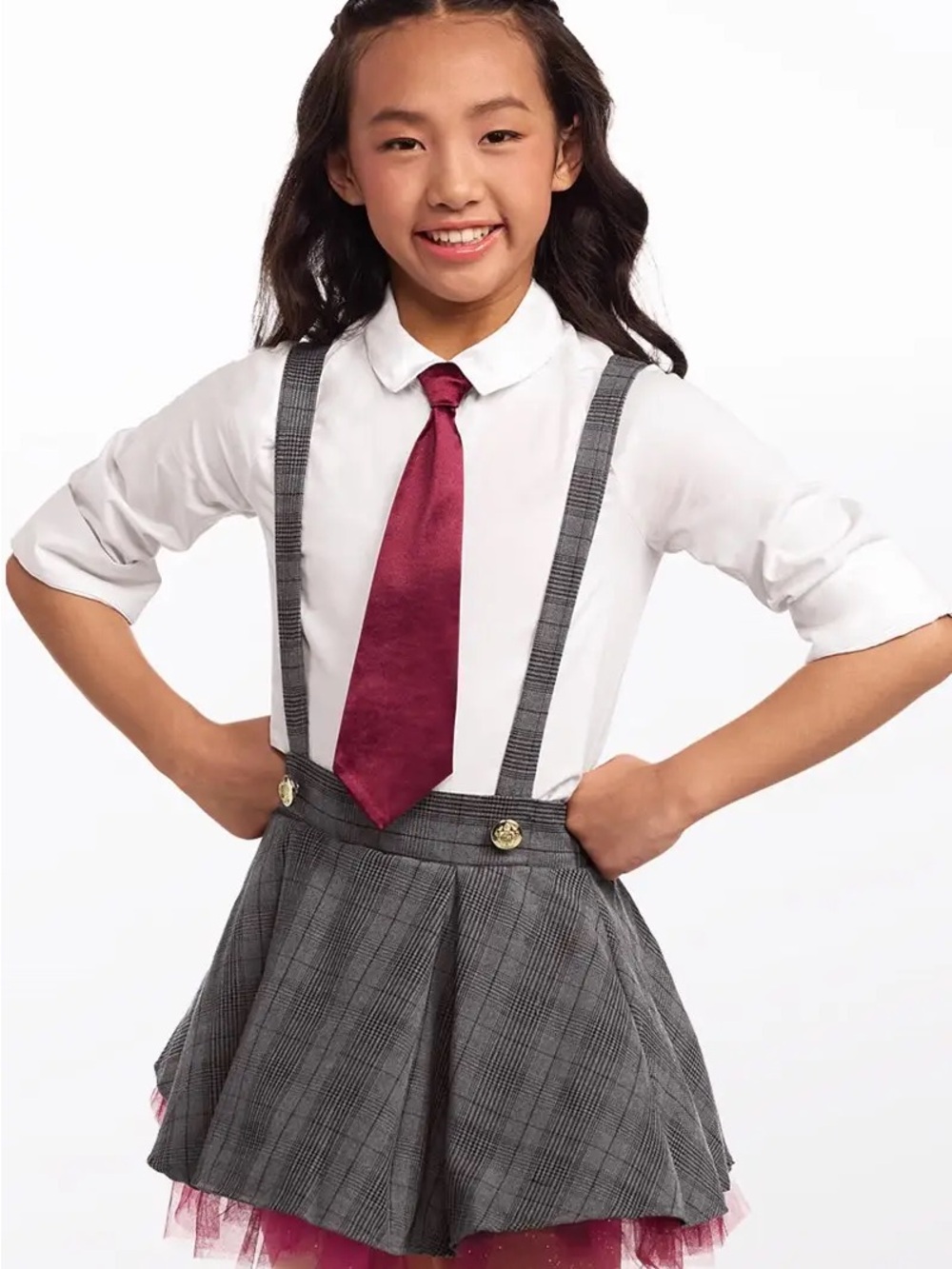 Weissman Gray Plaid Suspender Skirt with Maroon Tie